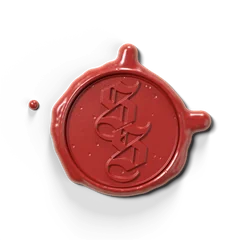 A scarlet wax seal stamped with two interlocking S's