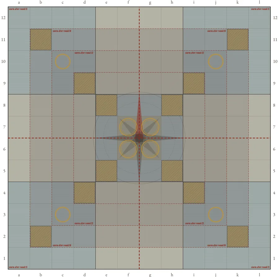 The square chart from the kit: four anchorages at the middle of the edges, harbors on the diagonals, the Capital at the centre and the storm rings marked
