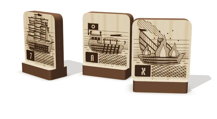 Three engraved wooden ships in their bases: a First Rate, an Admiral's barge and a Fireship, ratings facing the viewer