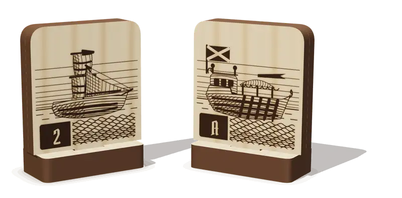 Two engraved wooden ships in their bases: a Cutter (2) reaching the Admiral's barge (A)