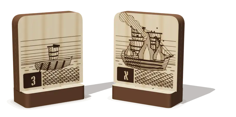 Two engraved wooden ships in their bases: a Boarding Party (3), the attacker, facing a Fireship (X)