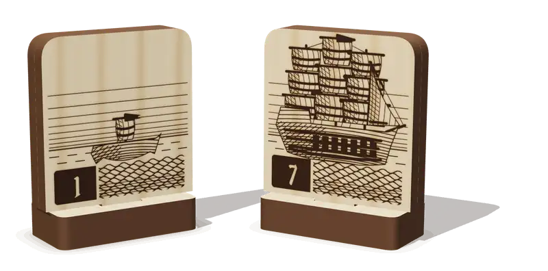 Two engraved wooden ships in their bases: a Privateer (1), the attacker, facing a First Rate (7)