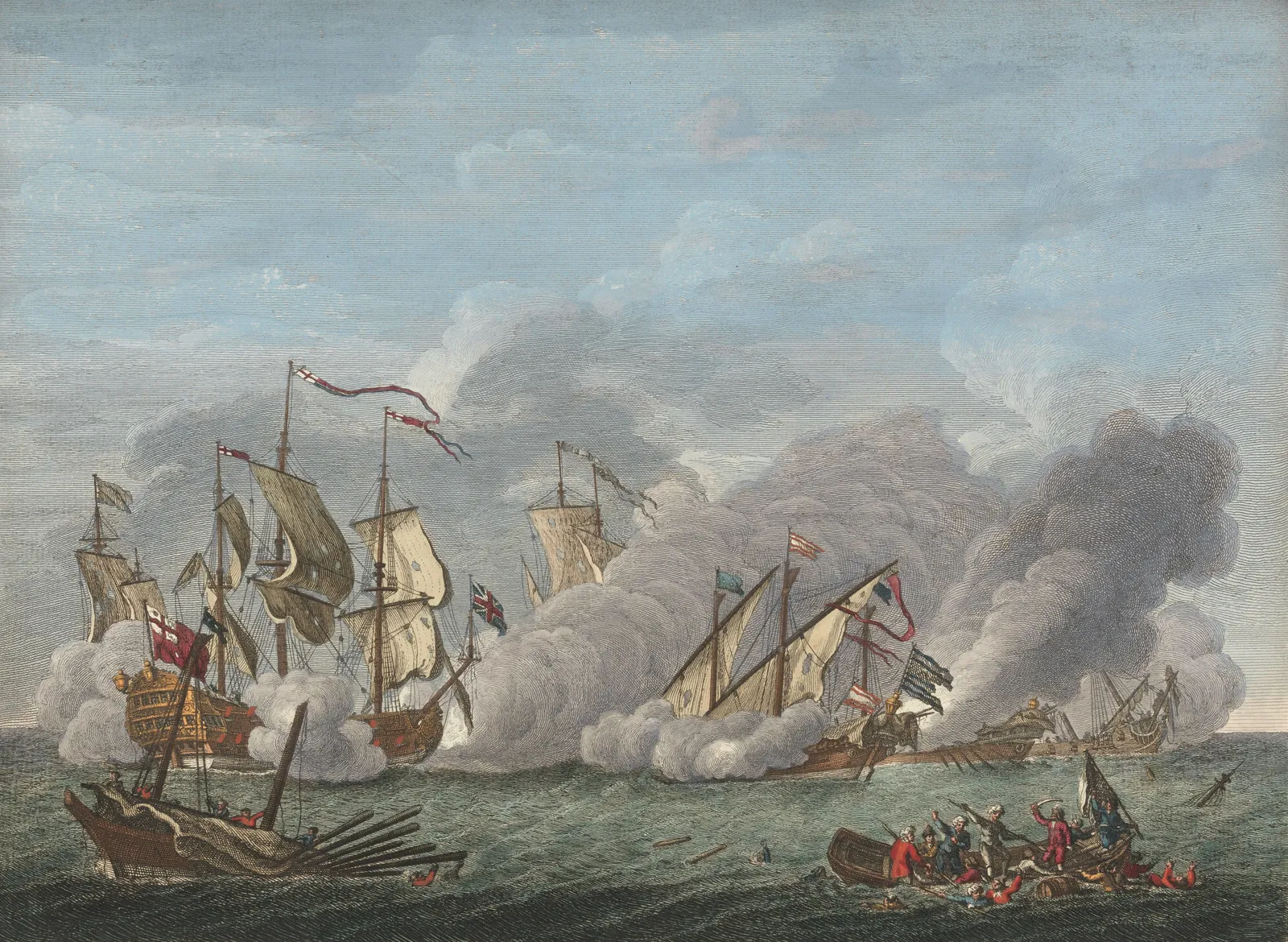 An 18th-century engraving of a sea battle: English ships against Algerine galleys in smoke