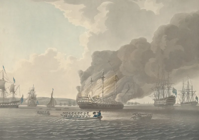 The warship Boyne burning at Spithead under a tower of smoke, boats rowing clear of her and ships of the fleet at anchor around her