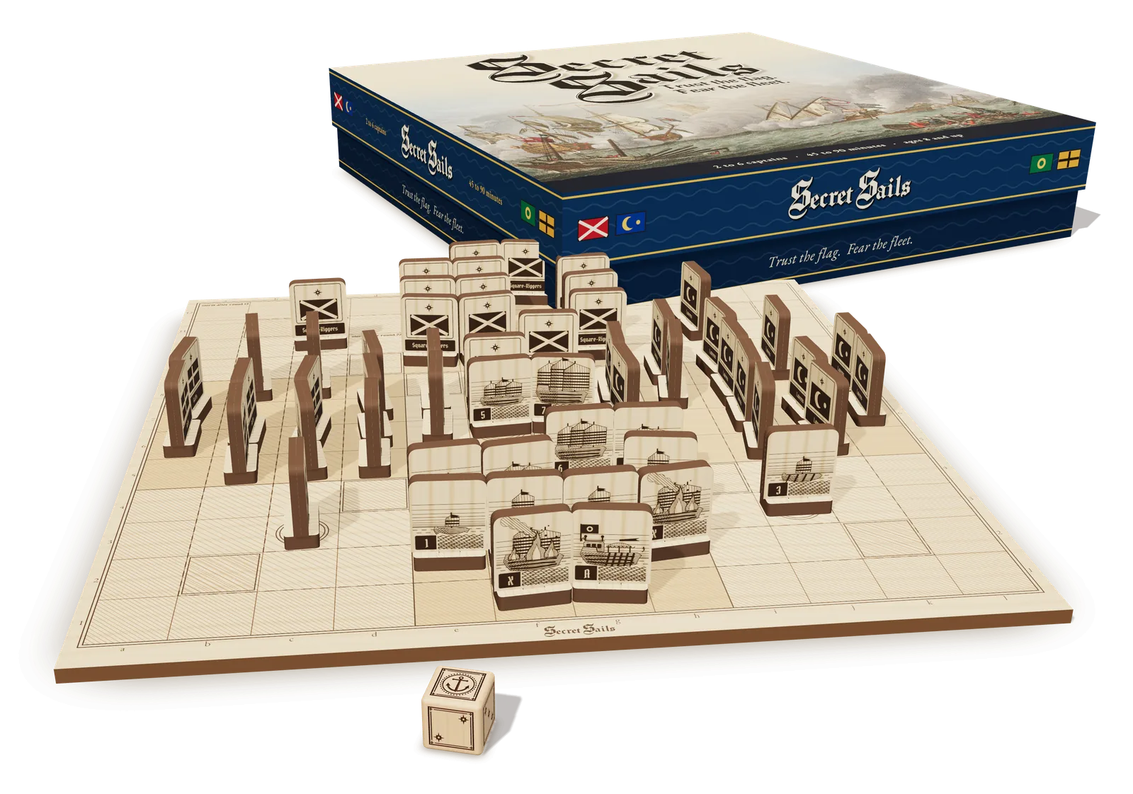 The full set: the box behind a birch board laid out mid-game with four fleets of engraved wooden ships, the harbor master's engraved wooden die in front