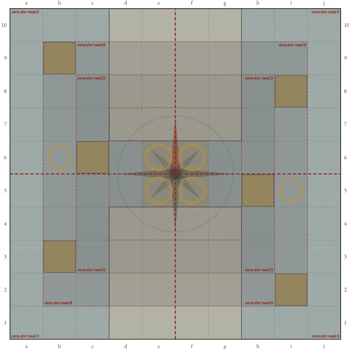The duel chart, 10 by 10: two anchorages on facing edges, two harbors and a 2 by 2 Capital