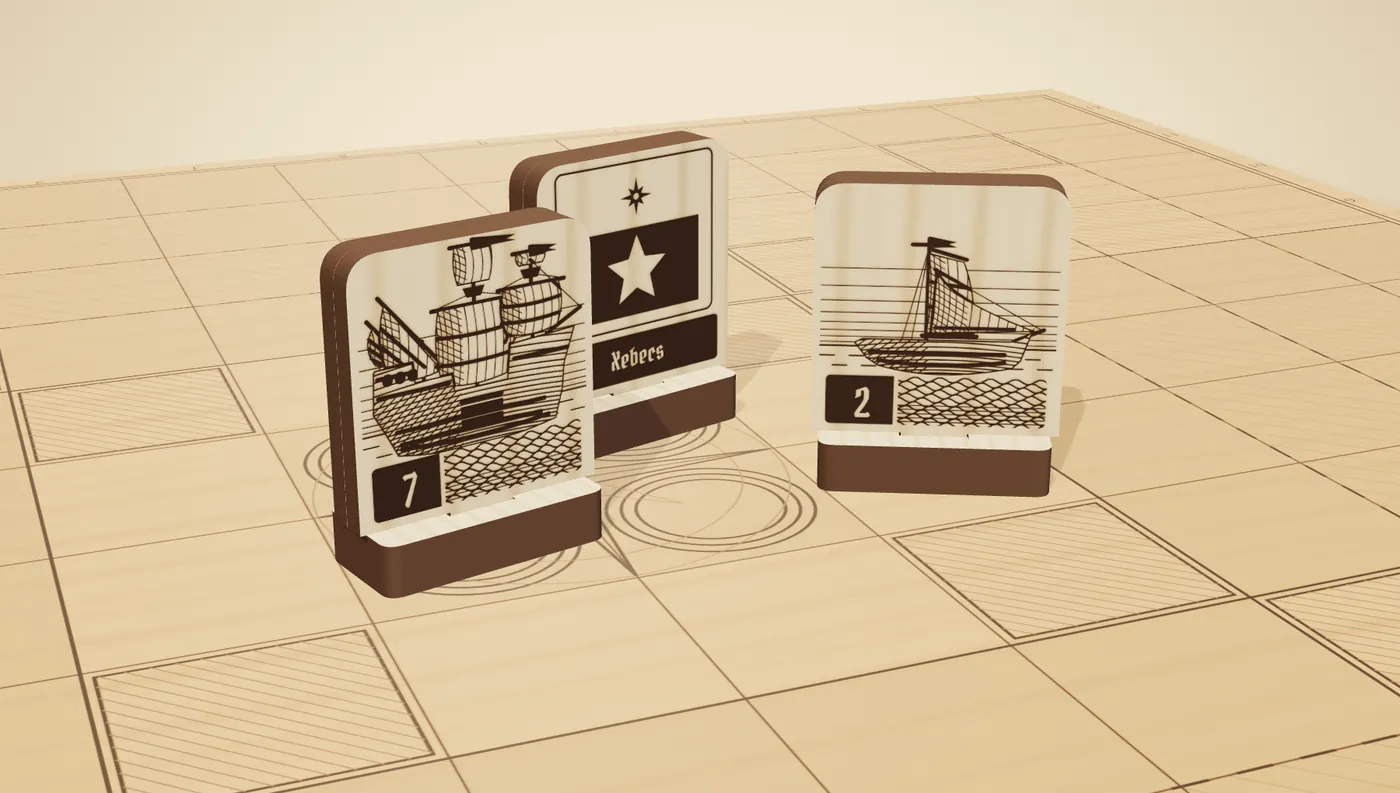 Three engraved wooden ships on the board. Two show their captain an engraved rating; the one between them shows the back every rival sees, a flag and the fleet's name