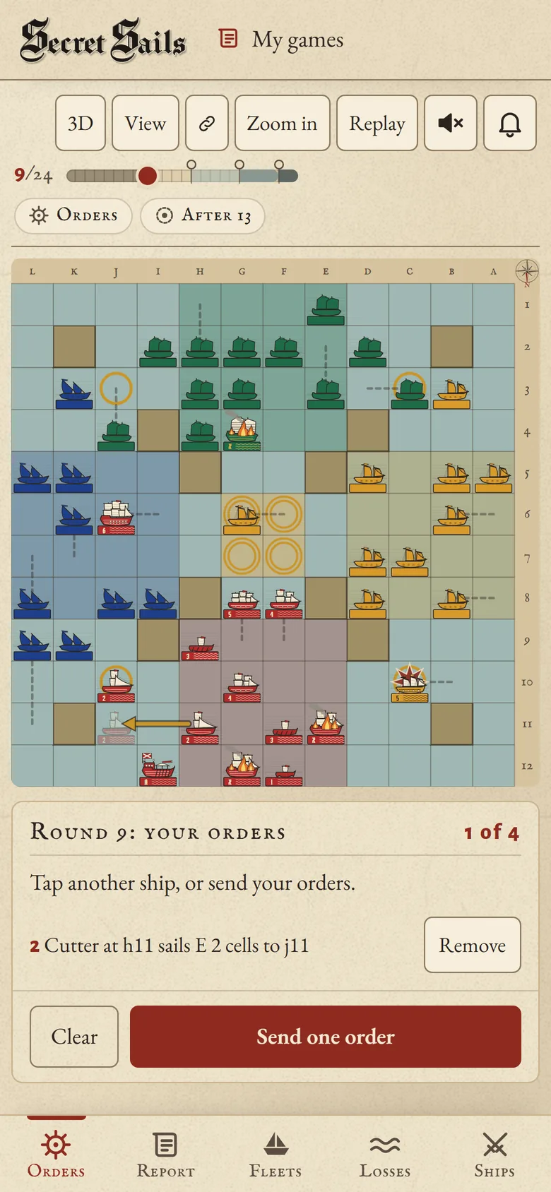 Giving orders on a phone, on the flat chart: your own ships show their ratings, rival ships are plain, and the Cutter's order is drawn as an arrow