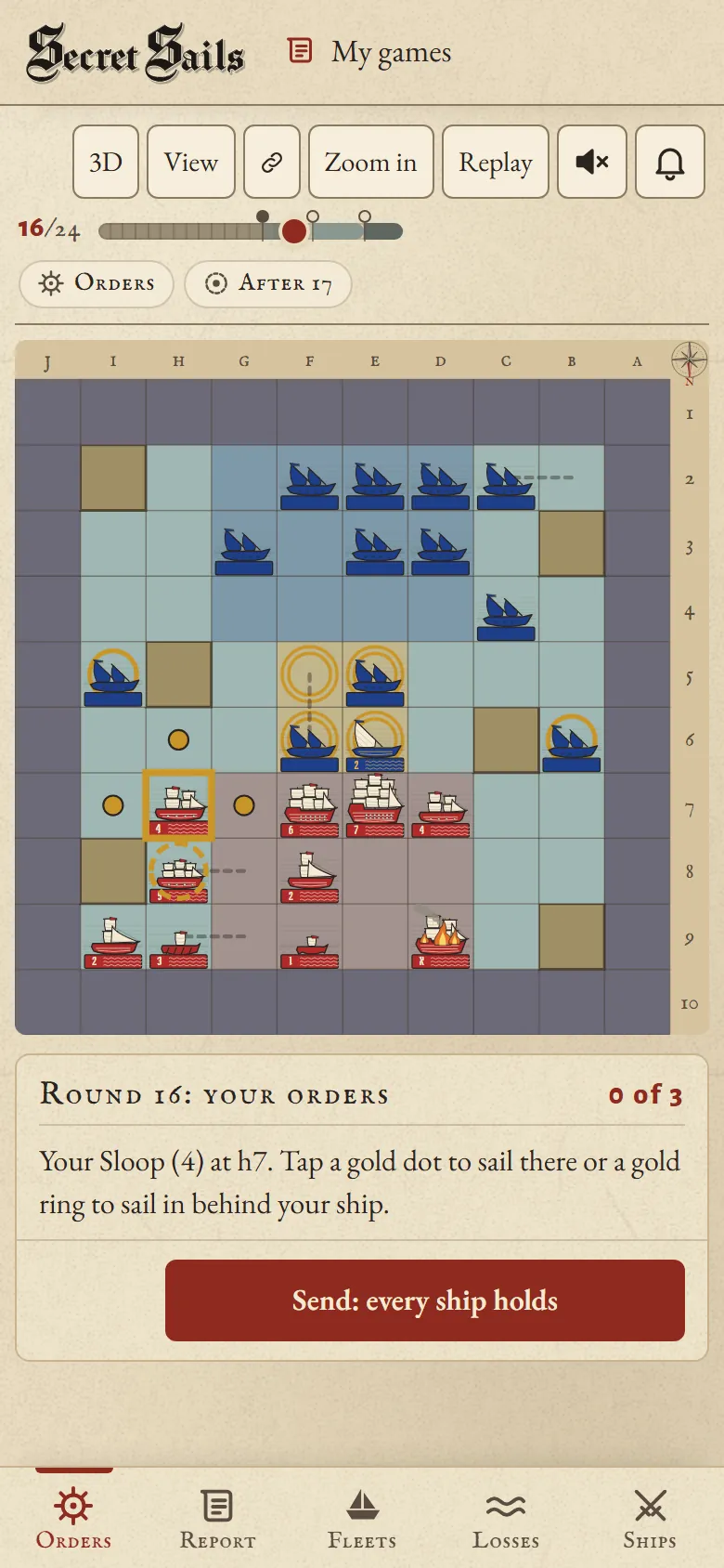 The game on a phone, round 16 of a duel: a ship's possible moves marked on the chart, and the orders panel below it