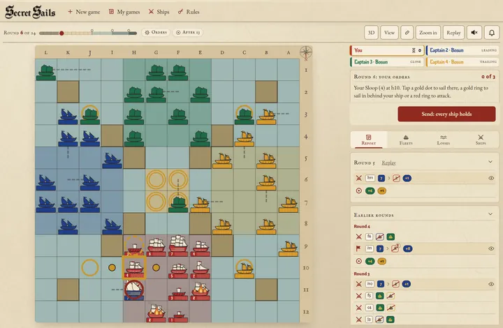 Screenshot: a four-captain game in the browser, with the chart, the fleets and the round report