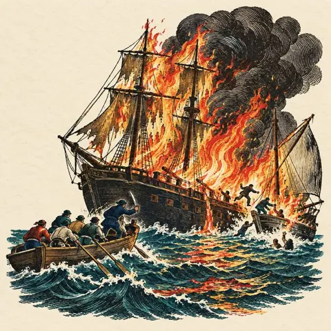 A burning hulk with her crew rowing clear