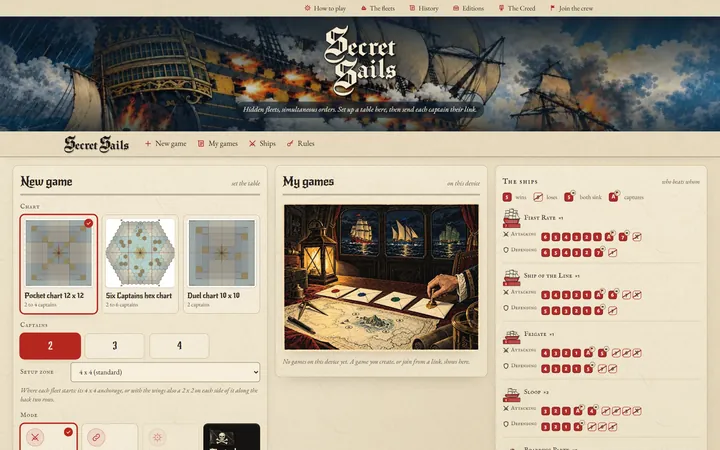 Screenshot: setting up a game, choosing the chart, the ending, the rival captains and party mode