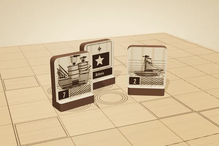 Engraved wooden ship tiles standing on an engraved chart