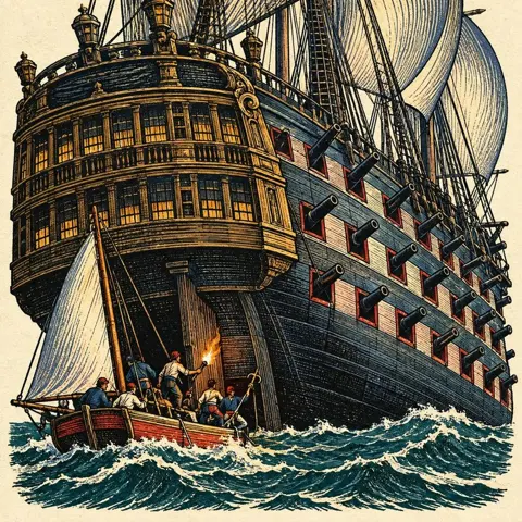 A small boat slips under the stern of a towering three-decker at night