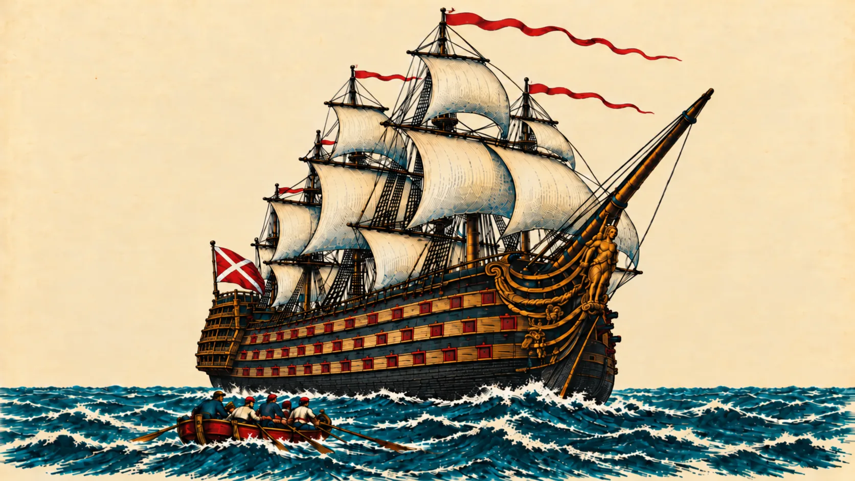 A towering three-decker sails under a full press of canvas while a rowing boat pulls past