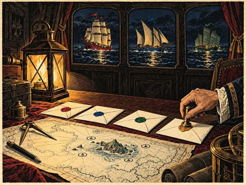 Sealed letters and a chart on a captain's table, lit by a lantern