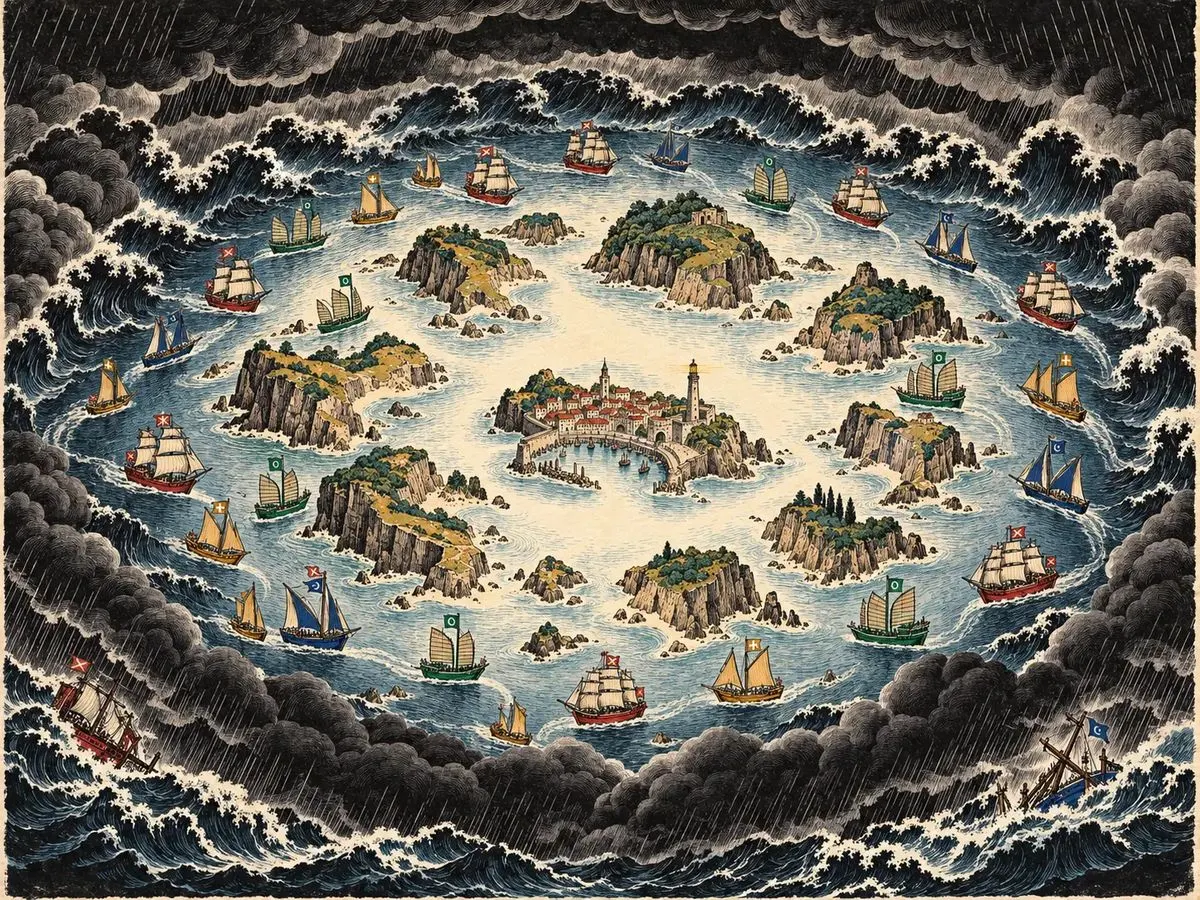 Fleets crossing an archipelago with a storm ring closing around it