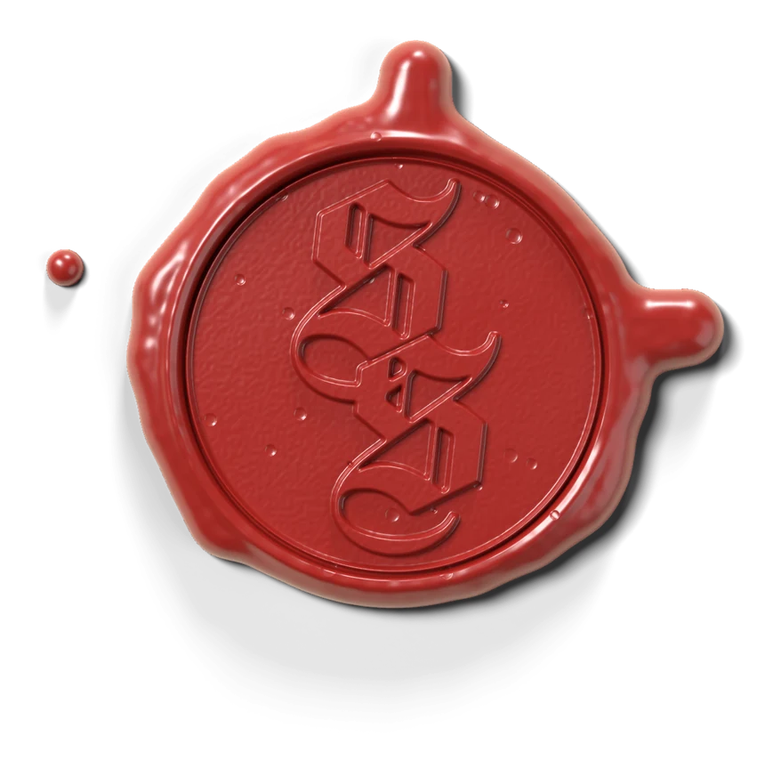 A red wax seal stamped with a double S, seen from above