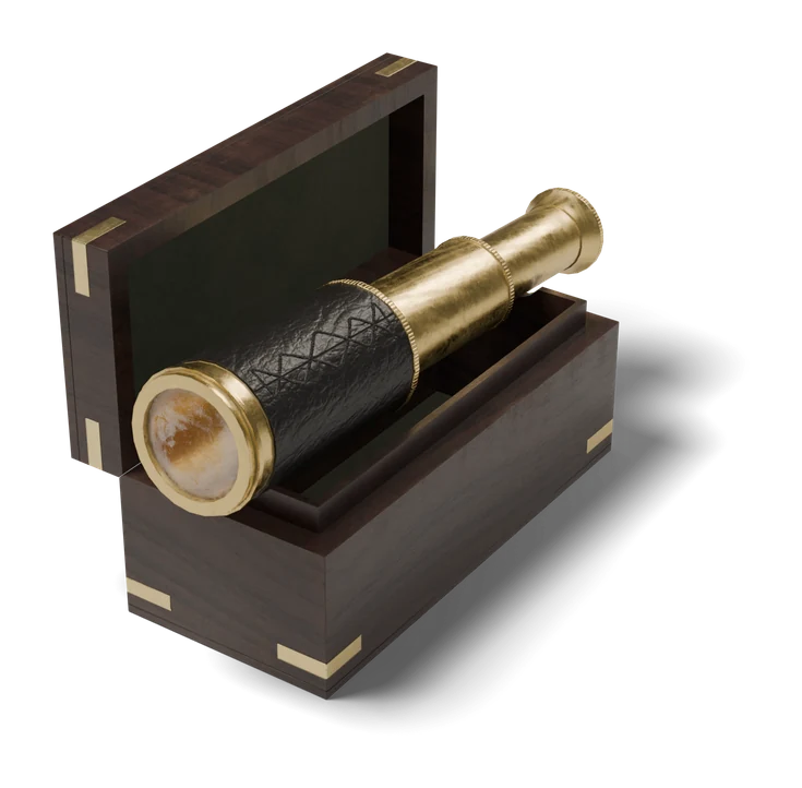 A brass spyglass lying in its open wooden box