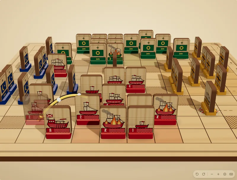 The game on the 3D table: wooden tiles on the square chart, your own ships showing their ratings, rival ships showing only their backs, and an order drawn as an arc