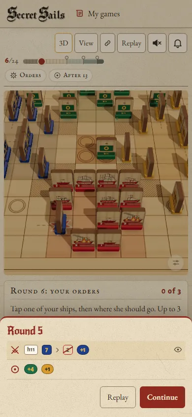 A captain's phone with the chart in 3D: her own ships face her with their ratings, the other fleets show their backs