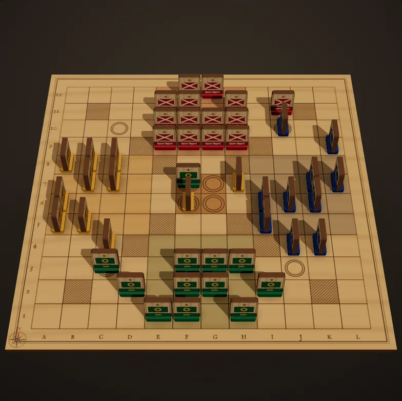 The party screen's 3D table: a wooden chart with four fleets standing in their anchorages, every ship showing only its fleet's flag